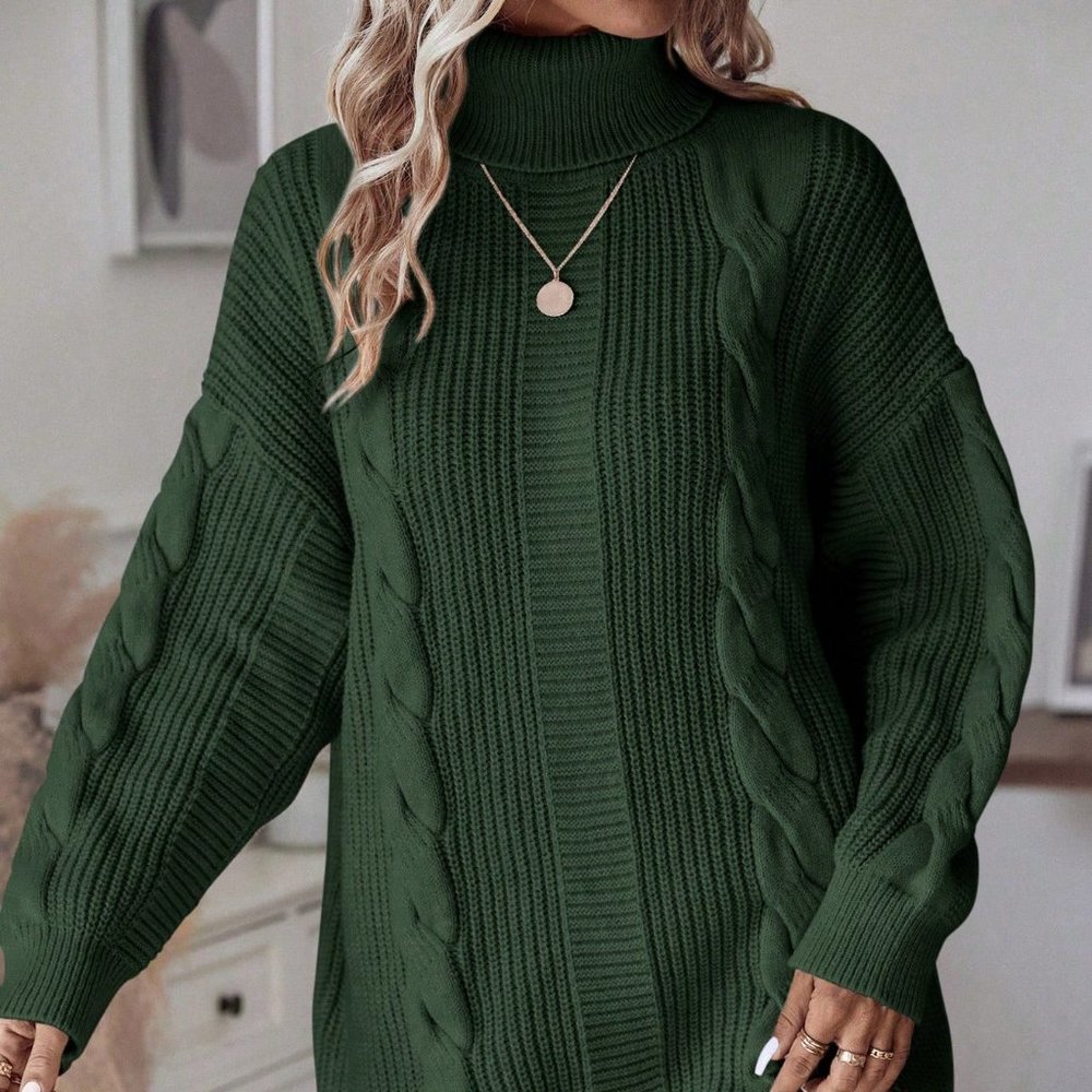 Green Casual Womens Turtleneck Cable Knit Drop Shoulder Sweater Dress - Picture 6 of 6